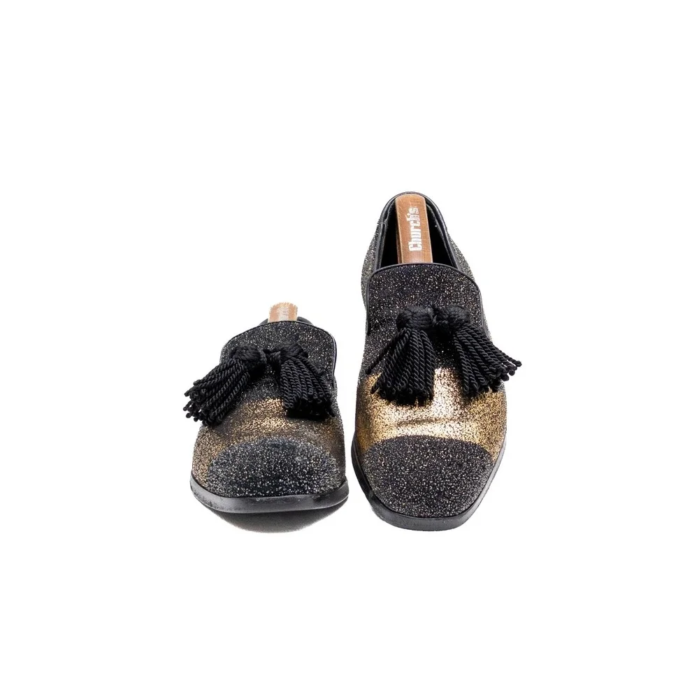 Jimmy Choo‎ Men's Foxley Black & Gold Glitter Tassel Loafers Size EU 40.5 / US 8